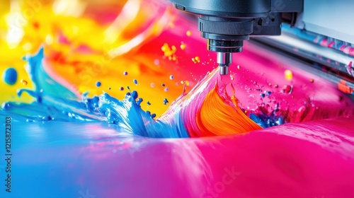 Vibrant CMYK ink splashing from printing machine nozzle.