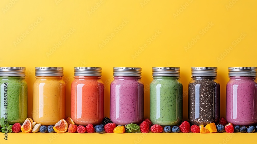 Colorful Row of Smoothie Jars Filled with Fresh Fruit Smoothies Showcasing Healthy Vibrant Lifestyle Colorful Row of Smoothie Jars Filled with Fresh Fruit Smoothies Showcasing Healthy Vibrant Lifestyle