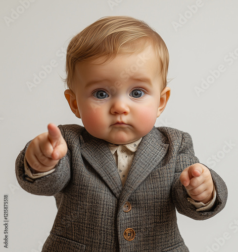 Adorable baby dressed in a formal suit, making playful gestures such as pointing and giving thumbs up. A humorous yet professional scene, showcasing charm, cuteness, and business-inspired creativity.
