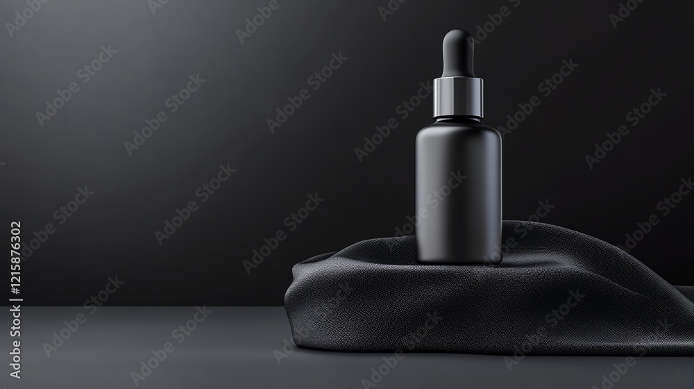 Minimalist black dropper bottle on dark fabric, perfect for skincare or cosmetic product presentations in an elegant setting. Minimalist black dropper bottle on dark fabric, perfect for skincare or cosmetic product presentations in an elegant setting.
