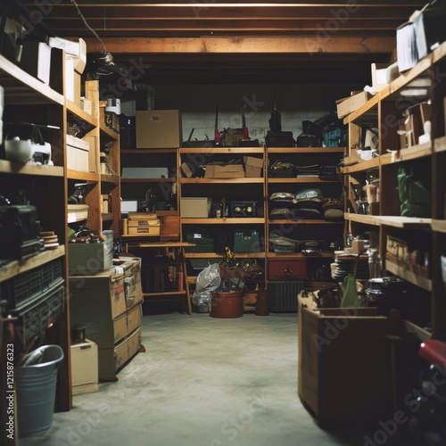 Cluttered Basement Storage Room with Wooden Shelves.