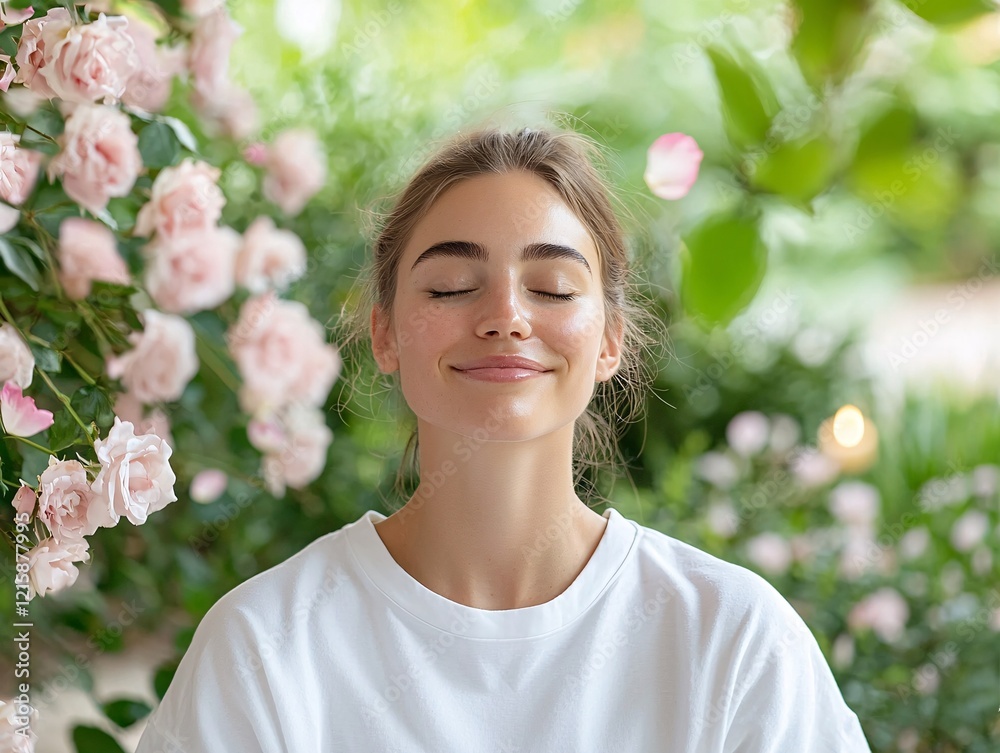 Remedy stressed lifestyle concept. A serene woman with closed eyes enjoys a moment of peace surrounded by blooming flowers in a lush garden setting. Remedy stressed lifestyle concept. A serene woman with closed eyes enjoys a moment of peace surrounded by blooming flowers in a lush garden setting.