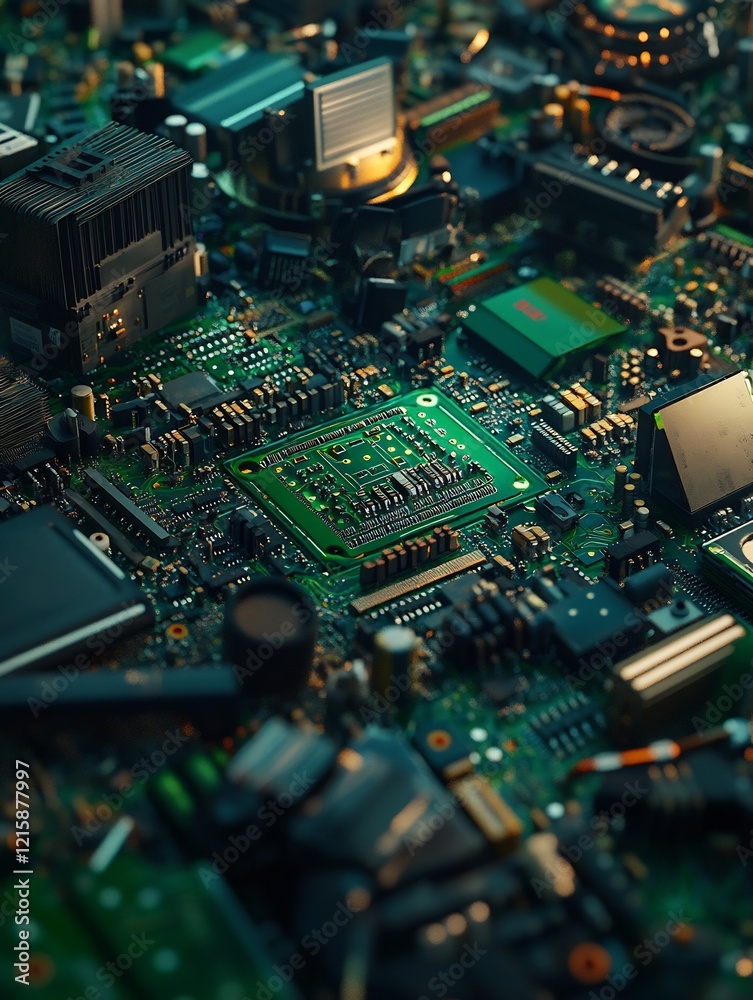 Fototapeta premium Green Circuit Board Close Up Shows Complex Technology. AI Generated