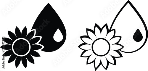 Sunflower and oil icon set in flat style. Vector illustration.