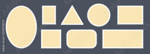 Beige postage stamps set. Post stamp frames and borders. Ellipse, triangle, rectangle template for mail, postcard, letter, note. Jagged wavy edge forms. Vector zigzag objects for badge, sticker, photo