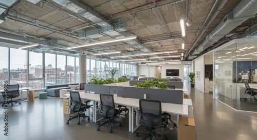 Modern open office space, large windows, natural light, industrial ceiling, polished concrete floors, ergonomic office chairs, minimalist desks