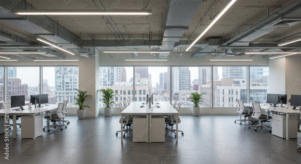 Modern open office space, wide windows, natural light, minimalist design, clean white desks, ergonomic office chairs, computer workstations Modern open office space, wide windows, natural light, minimalist design, clean white desks, ergonomic office chairs, computer workstations