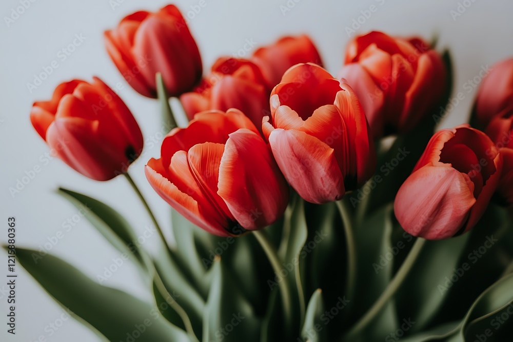 Fototapeta premium Close-up of a Vibrant Bunch of Coral Red Tulips