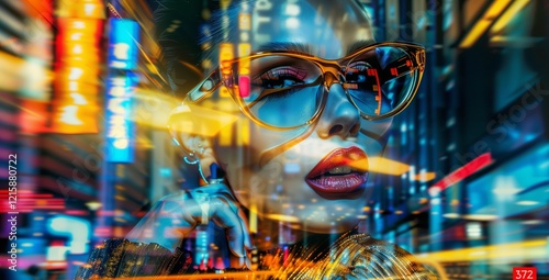 City business fashion travel photo collage capturing vibrant dynamic city scenes with city light lens flares and cinematic close up of woman model face banner. Generative AI