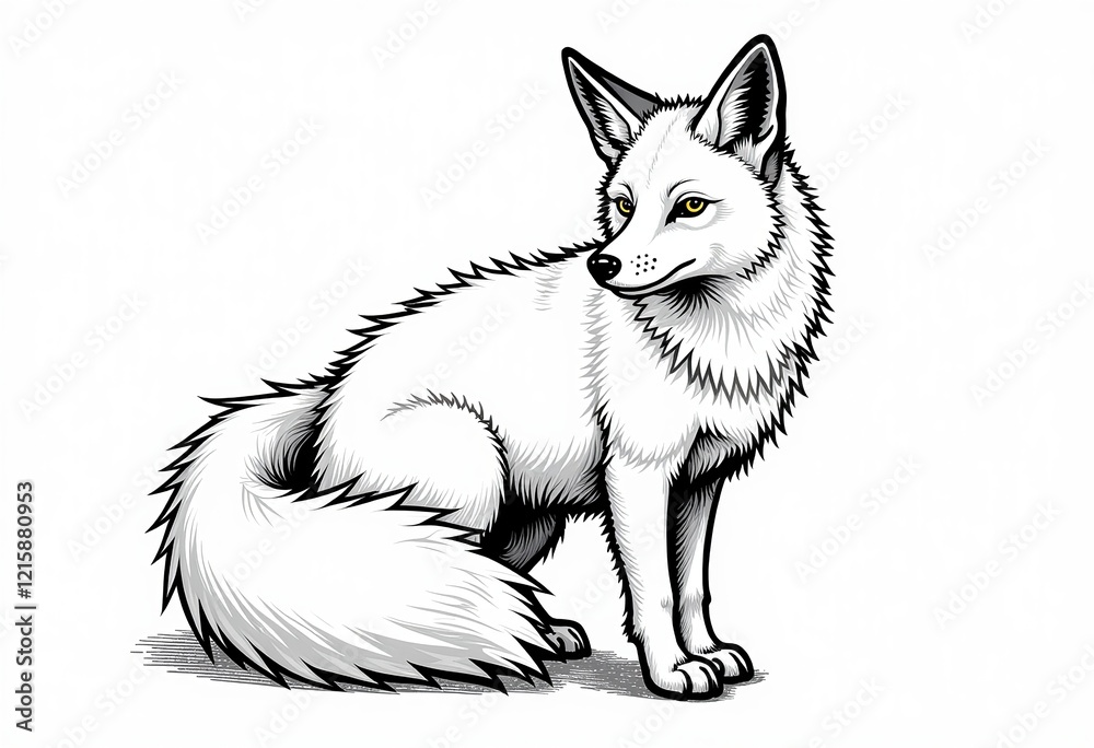 Obraz premium Minimalist Nine-Tailed Fox, Vector Line Art, Black Lines, White Background, Fine Line, Clean Design, No Shadow, No Gray, Simple Illustration, High Quality.