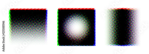 Square halftone gradient background set. RGB textured pixelated rectangle gradation. RGB color dotted fading shapes. Grunge ink press splash stains and blots. Print production raster glitch. Vector