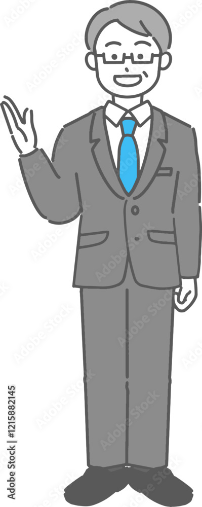案内するベテランのビジネスマン／先生の全身イラスト
