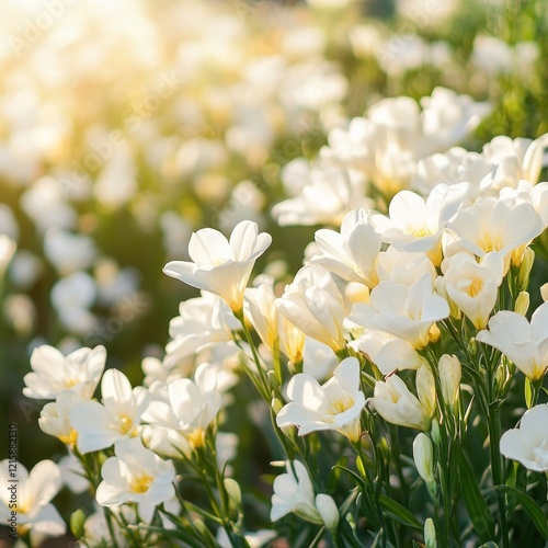 White freesia flowers blooming in garden, sunlight