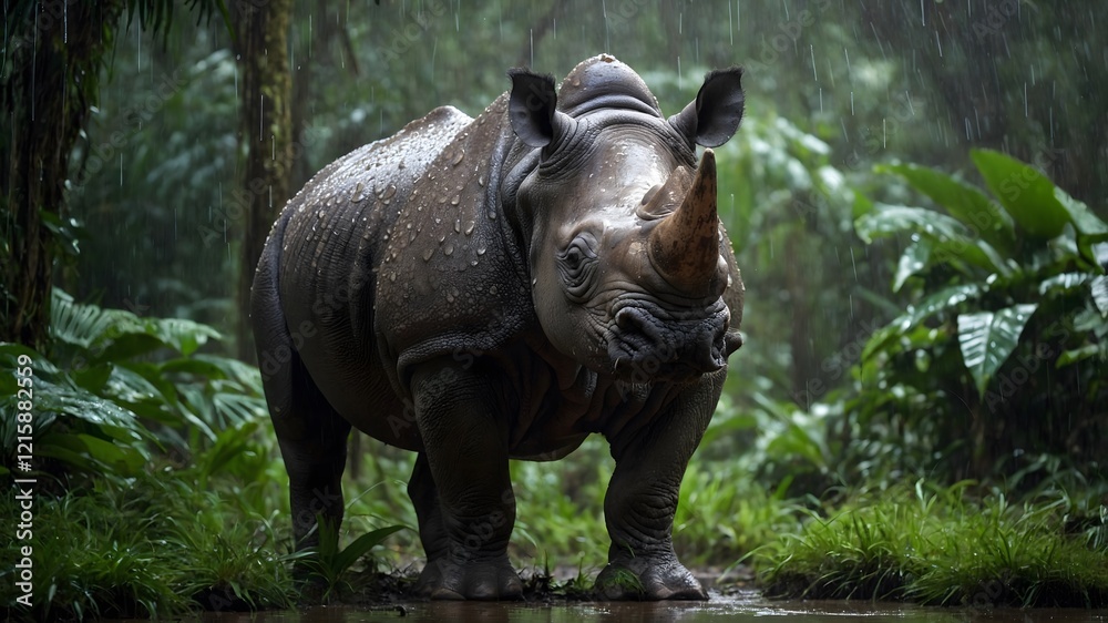 Rainforest Majesty: Javan Rhinoceros Moving Through Dense Foliage