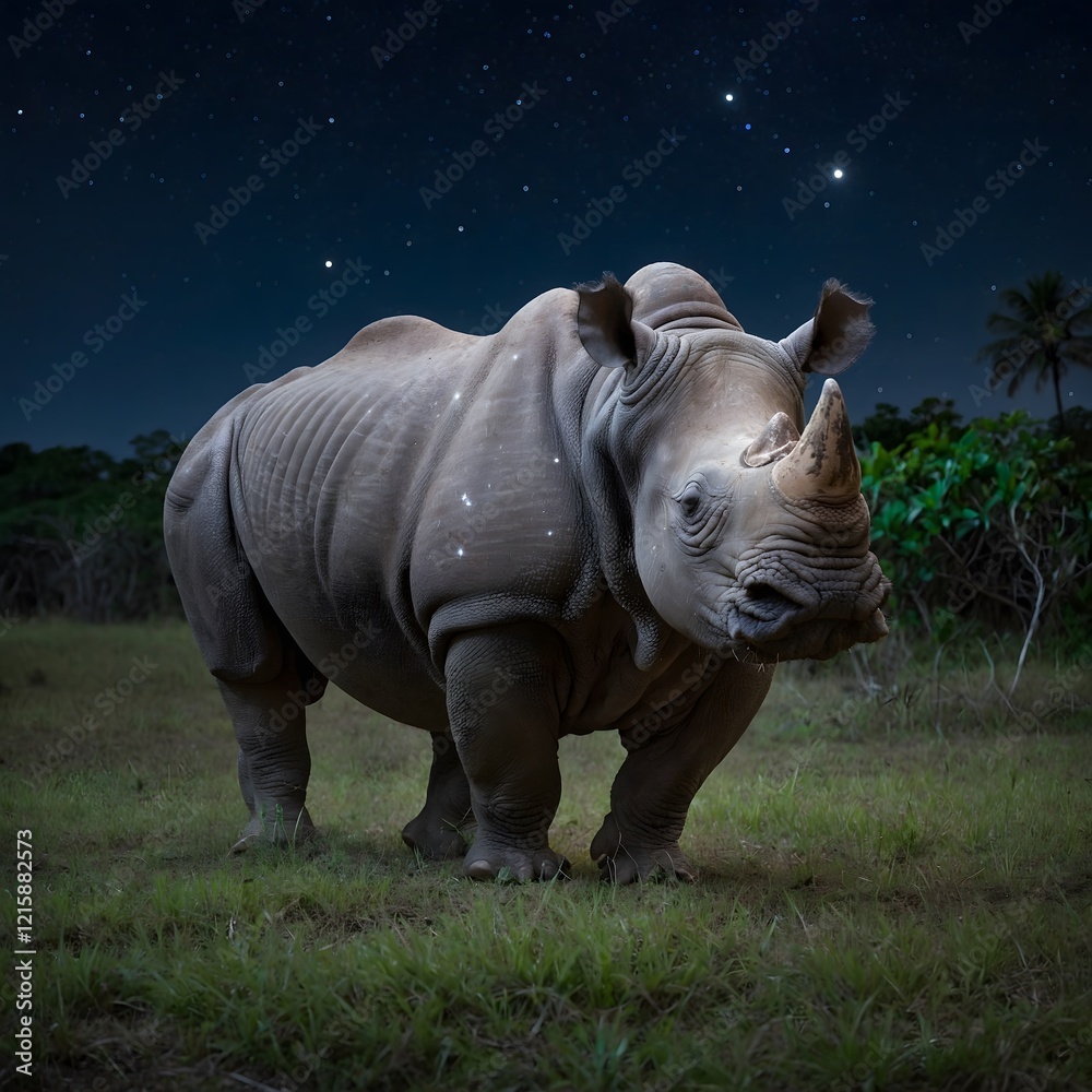 Fototapeta premium Nighttime Serenity: Javan Rhinoceros Strolling Under a Starry Sky