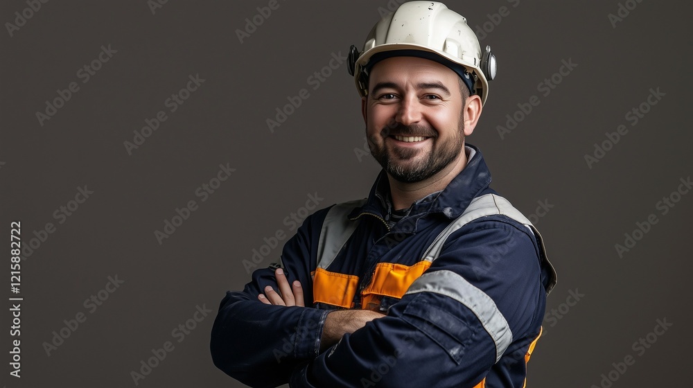 A male worker in overalls and a helmet, smiling with arms crossed against a grey background A male worker in overalls and a helmet, smiling with arms crossed against a grey background