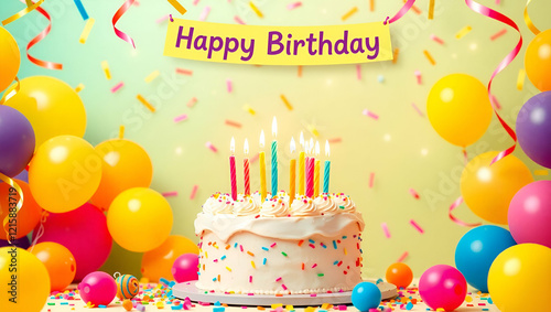 Vibrant Birthday Celebration with Cake, Balloons, and Confetti