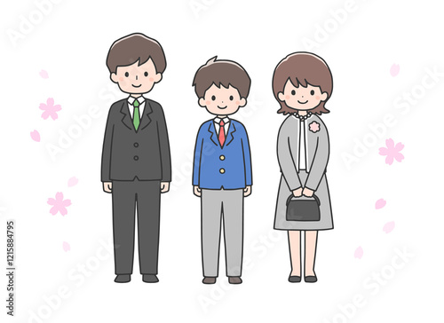 入学式　並んで立つ男子学生と両親