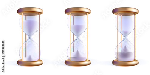 White sand running hourglass sequence. Glass clock for time countdown. 3d watch vector render, sandglass budget timer. Abstract realistic isolated game icon. Transparent vintage old golden stopwatch.