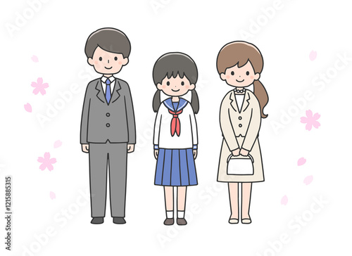 入学式　並んで立つ女子学生と両親