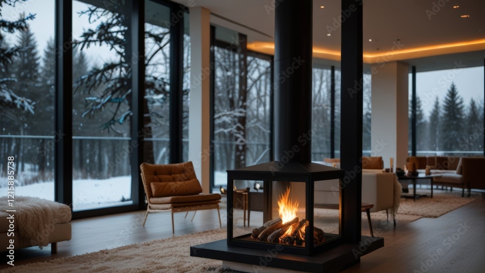 Fireplace in modern minimalist white interior with a view of snowy Scandinavian nature