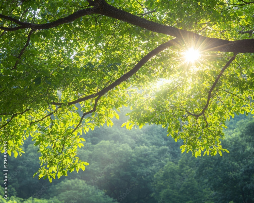 Fototapeta premium Sun shining through lush green leaves.