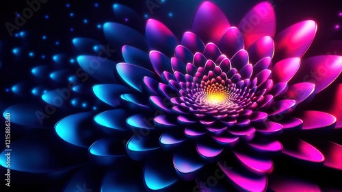 A vibrant, stylized flower with glowing petals in shades of blue and pink against a dark background.