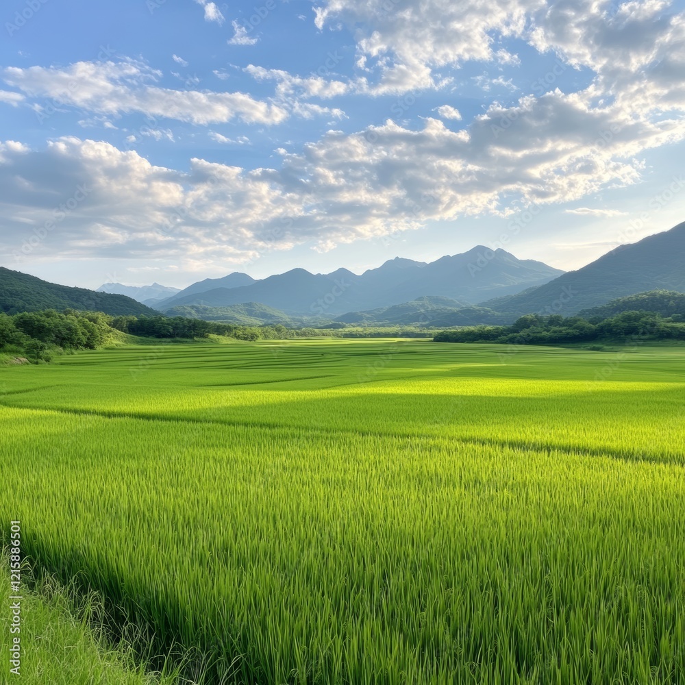 Fototapeta premium Serene Rice Paddy Field with Mountain View.