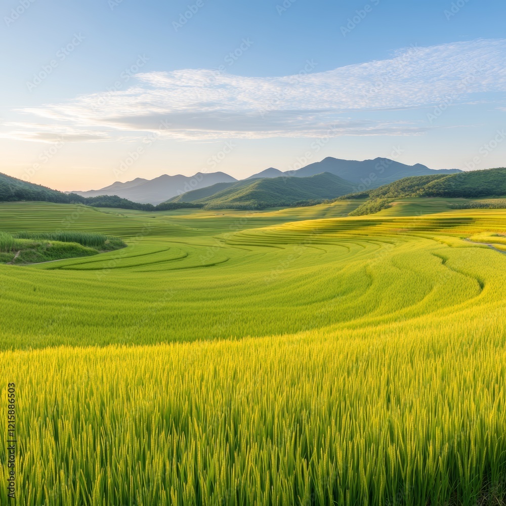 Fototapeta premium Serene Rice Terraces in Mountain Valley.