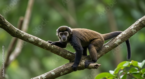 Cute Monkey on Branch in Lush Rainforest