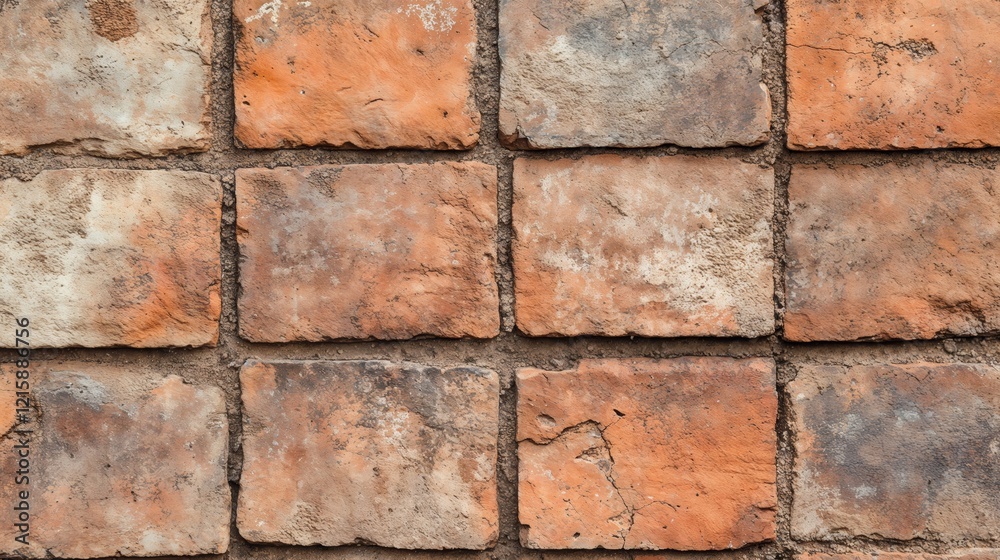 Brick wall with uneven surface in shades of orange, gray, and brown. Textured old brick wall, rustic design, weathered texture, architecture. Resilience. History. Structure. Brick wall with uneven surface in shades of orange, gray, and brown. Textured old brick wall, rustic design, weathered texture, architecture. Resilience. History. Structure.