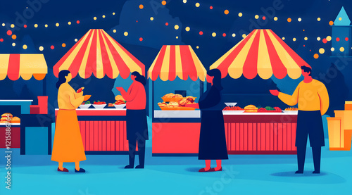 A vibrant night market scene with colorful tents, people engaging in conversation, and delicious food on display under string lights.
