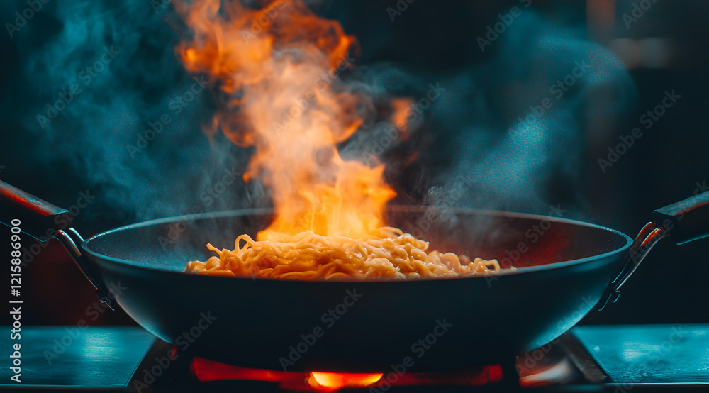 A vibrant wok of noodles cooks over a flame, creating an enticing display of steam and fire in a modern kitchen setting. A vibrant wok of noodles cooks over a flame, creating an enticing display of steam and fire in a modern kitchen setting.