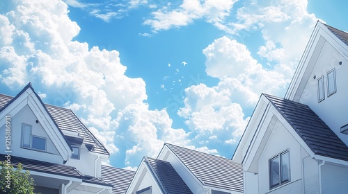 Brightly lit suburban homes bask under a cheerful blue sky. AI Generated
