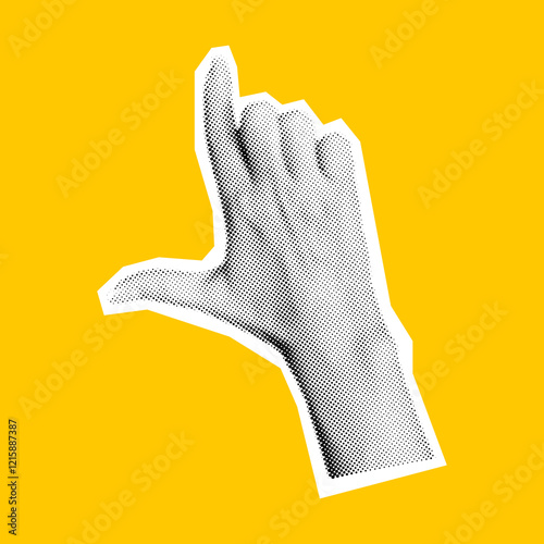 Hand making Loser sign with thumb and index finger halftone collage vector illustration. Forming L shape gesture on bright yellow background
