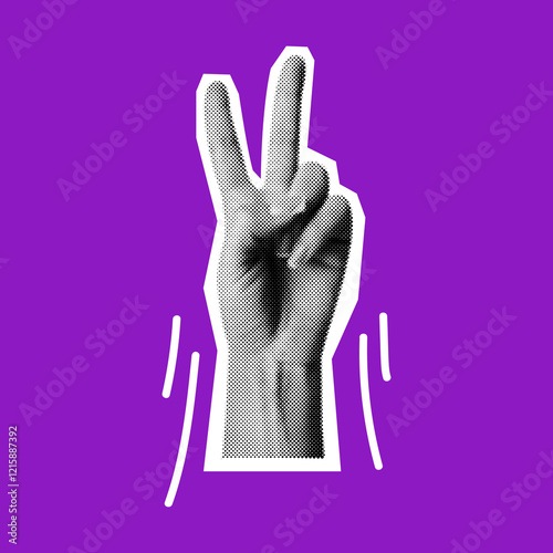 Hand showing Peace sign halftone collage vector illustration. Peace protest and activism in striking visual style on vibrant purple background