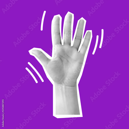Halftone textured hand waving for Hello vector illustration. Expressing greetings and farewells through nonverbal sign on purple background