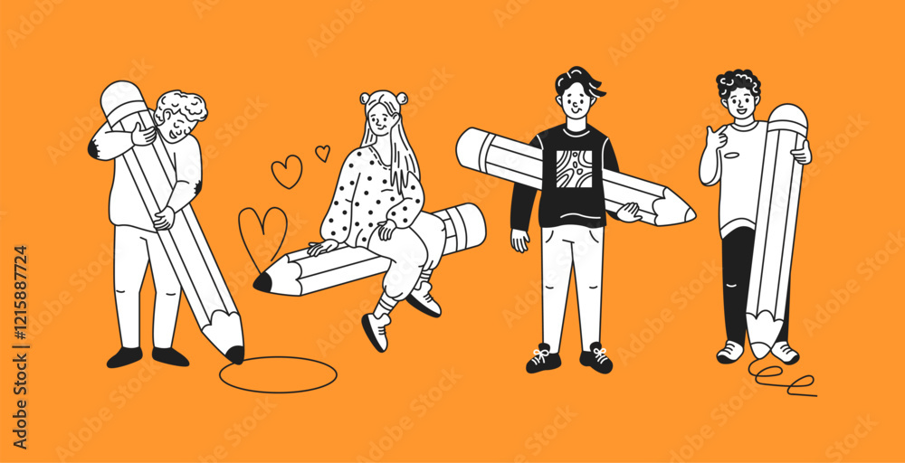 Woman and men use oversized pencils linear icons collection. Young people reflect inspiration doodle characters on orange background