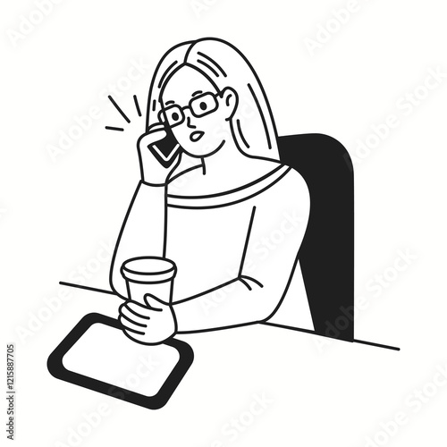 Stressed businesswoman talking on phone linear icon. Woman holding coffee cup near tablet in office doodle character thin line illustration