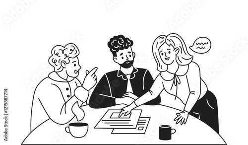 Business partners discussing contract at round table linear icon. Businesswoman explains charts to men characters doodle illustration