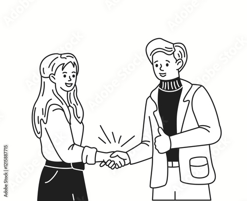 Professional businesspeople handshake linear icon. Celebrating collaborative success colleagues doodle characters thin line illustration