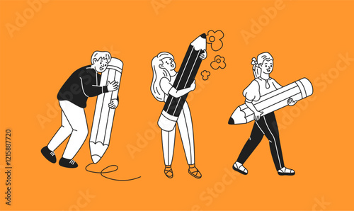 Creative people hold oversized pencils linear icons collection. Young artists engage in creativity doodle characters on orange background