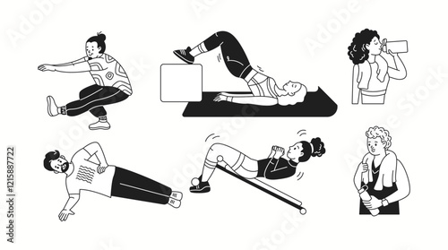 Sportive people perform fitness exercises linear icons collection. Sportspeople enjoy active workout in gym doodle characters set on white