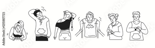 Doodle characters perform warming up exercises linear icons collection. People promote healthy lifestyle doodle characters set on white
