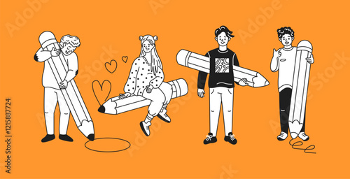 Woman and men use oversized pencils linear icons collection. Young people reflect inspiration doodle characters on orange background