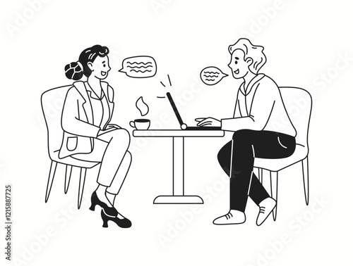 Meeting of businesspeople sitting at cafe table linear icon. Man with laptop and woman drinking coffee at break characters doodle illustration