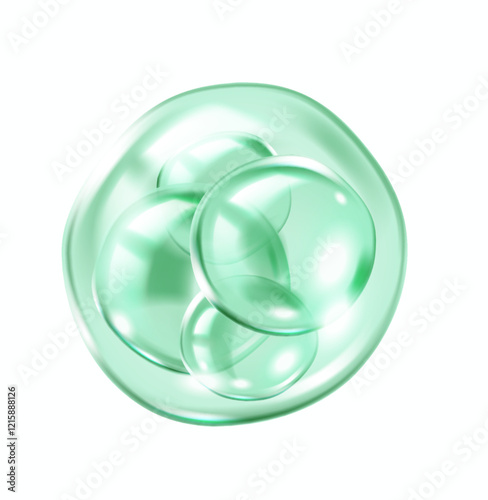 Green collagen molecules creating captivating bubble effect realistic vector illustration. Essence of skincare cosmetic 3d object on white