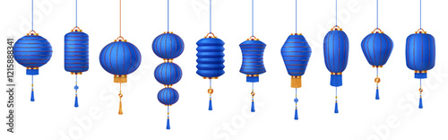 Blue Chinese lanterns with decorative tassels color icons set. Festive Asian paper lamps creating holiday vibes 3d objects bundle on white