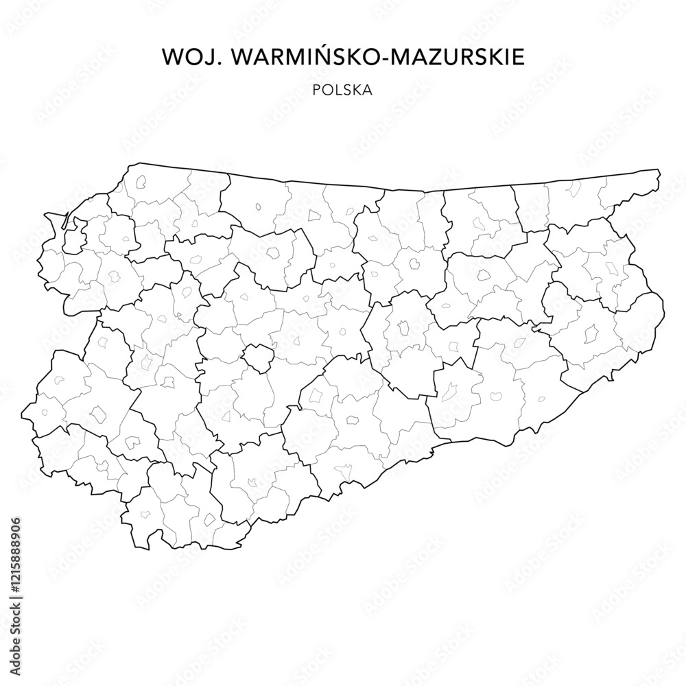 Obraz premium Administrative Map of Warmian-Masurian Voivodeship (Warmińsko-Mazurskie) with Municipality Areas (Obszary Gmin), Municipalities (Gminy), and Counties (Powiaty) as of 2025 - Poland (Polska) Vector Map