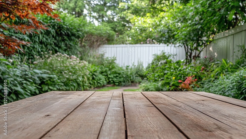 Wooden deck overlooking lush green garden with white fence. Wooden deck overlooking lush green garden with white fence.